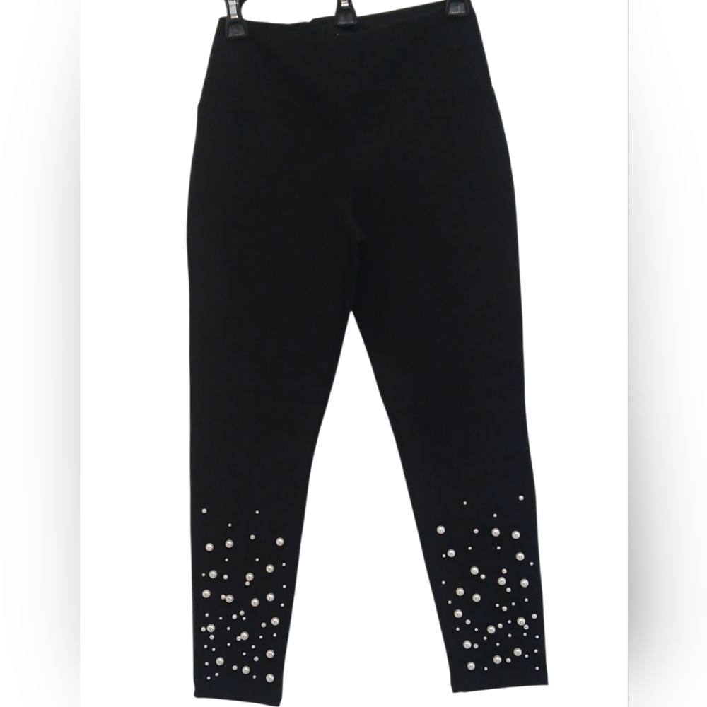 Athena Marie -Ladies Petite Black Pants,Faux Pearl Leg Embellishment,Lined Waist - Picture 2 of 10